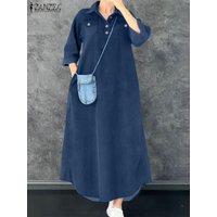 ZANZEA Fashion Autumn Denim Blue Sundress Women 2025 Summer Dress Casual 3/4 Sleeve Baggy Work Vestidos Kaftan Maxi Long Dress
