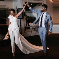 One Shoulder Wedding Pant Suits For Brides With Train Applique Long Ruched Wedding Jumpsuits Women Elegant Evening Formal Dress