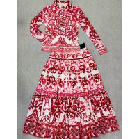 Retro geometric positioning printed collar straight tube shirt two-piece set for spring women's wear+loose skirt fashion set