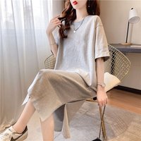O-Neck Solid Loose Slit Hem Street Casual T Shirt Dress Women Clothing Short Sleeve Simplicity Korean Midi Dress Fashion Trend