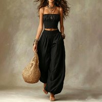 Elegant Short Wrap Chest Top And Lantern Pants Set Casual Holiday Two Piece Set Women's Spring Season Fashion from China