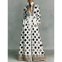 Yeezzi Women's Vintage Polka Dot Ethnic Printed Shirt Dress 2026 New Long Sleeves Stand Collar Elegant Evening Maxi Dresses