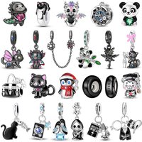 Hot Sale 925 Sterling Silver Cute Panda Beads & Penguin Dangle Charm Fit Snake Bracelet Boutique Necklace Black Pendant Gift