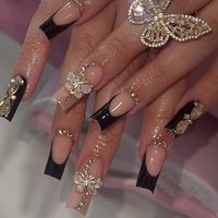 24Pcs Medium Square 3D Alloy Butterfly With Rhinestone Design Black French Tip Press On Nails Long Fit Perfectly Acrylic False N