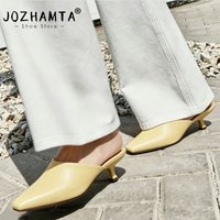 JOZHAMTA Size 34-43 Women Real Leather High Heel Sandals For Party Square Toe Mid Heel Shoes Women Fashion Casual Dress Slippers