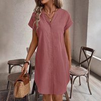 Single-breasted Solid Color Short-sleeved Casual Skirt Women's Summer New Cotton And Linen Park Commuting Walking Fashion Dress