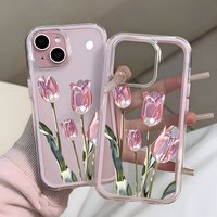 Luxury Crystal Tulip TPU Transparent Pink Phone Case For iPhone 11 12 13 14 15 16 17 Pro Max 14 Plus Shockproof Silicone Cover