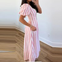 Summer Puff Short Sleeve Loose Pleated Dress Elegant Lady High Waist Simple Maxi Dress Casual Stripe Printed Square Collar Dress