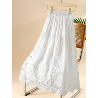Elegant White Embroidered Hollow out A-Line Skirt Women's High Waist Slimming Summer Skirts Romantic Style Polyester Fiber