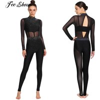 Women Figure Skating Gymnastics Jumpsuit Long Sleeve Shiny Rhinestone Sheer Mesh Unitard Leotard for Acrobatics Ballet Dance