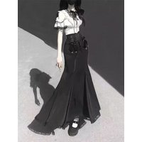 Harajuku Kawaii Lolita Lace Fish Tail Skirts Y2k Slim Waist Black Skirt for Women Autumn Subcultural Mid-length Faldas Mujer
