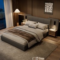 PINGGO Upholstered bed, With charging port and lighting, 4ft6 double bed 135×190cm, Soft sponge headboard backrest, PU + Plywood