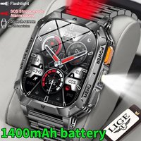 LIGE Neue 1400mAh Akku Militär-Smartwatch für Männer 3ATM Wasserdicht Taschenlampe Gesundheitsmonitor Sport BT-Anruf Smartwatch für Android iOS