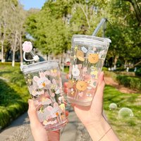 1PC/400ml Cute Glass Sippy Cup Cartoon Design Transparent Water Bottle with Lid and Straw Coffee Cups Home Bar Drinkware Mug