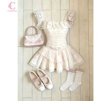 French Vintage Sweet Square Neck 2 Pieces Set Women Lace Ruched Crop Top + Puffy Mini Skirt Korean Fashion Lovely Casual Outfit