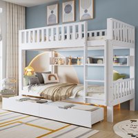 PINGGO Bunk Bed, Kids Children, 3FT Solid Pine Wood Single Bed Frame & under Bed Slide Drawer Storage, White (90x190cm)
