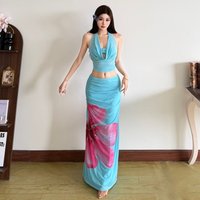 SylCue Ruched Elegant 3 Piece Set Woman Metal Trim Tube Tops+Halter Swing Collar Tops+Flower Print Long Skirts Beach Style Suits