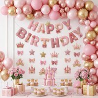 2D Felt Pink Princess Theme Crown Bow Carriage Hanging Spiral Garland Banners Decorations Princess Girls Birthday Baby Party