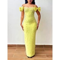 European And American Women's Strapless Shoulder Bow Style Bandage Evening Dress Women's High-end Dress