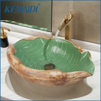 KEMAIDI Ceramic Vessel Sink Artist Leaf Style Bathroom Washbasin Sinks with Waterfall Faucet Drain Bath Porcelain Sink Bowl Set