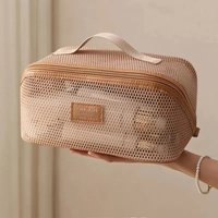 Large Capacity Mesh Handheld Makeup Bag Zipper Multi-layer Transparent Mesh Cosmetic Bag Organizer Case Square