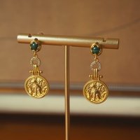 18K Gold Filled Ancient Roman Coin Ear Drop Dangle Cameo Ancient Egypt Protrait Natural Malachite Ear Stud Antique Chic Jewelry