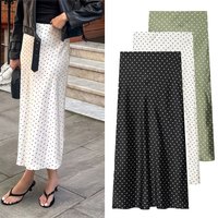 Ladies Vintage Polka Dot Printed Summer Pleated Satin Skirts Women Straight Midi Skirt High Elastic Waist Chic Outfits Female
