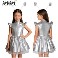 Kids Girls Metallic Shiny Zipper Alien Tutu Dress Halloween Space Theme Party Robot Astronaut Galaxy Warrior Cosplay Costume