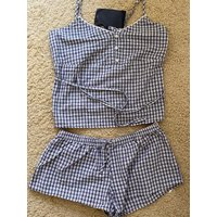 Navy Plaid Tank Shorts 2 Piece Sets Woman Lace Trim Buttons Lace-up Camis+Drawstring Sweatshorts Vintage Sweet Home Cotton Set