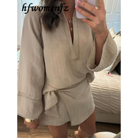 Casual Solid Women's Skirts Suit Full Sleeve V-Neck Loose Shirt Lace-Up Skirt Lady Set 2026 Summer Chic Female Vacation Outfits