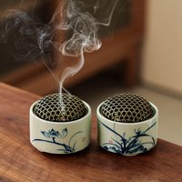 1pcs Retro Chinese Incense Burner Blue White Porcelain with Hand-painted Landscape Indoor Desktop Aroma Ornament for Home Use