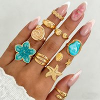 10pcs Set Creative Vintage Blue Flower Imitation Pearl Starfish Shell Open Rings for Women Beach Vacation Stackable Jewelry Sets