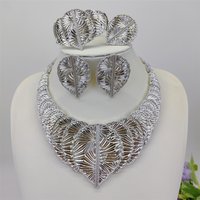 ESALE Luxury African women silver Plated 4pcs Jewelry Set Bridal Wedding Necklace Earrings Ring Bracelet party gifts