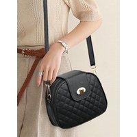 Gentle Compact Quilted Oval Crossbody Bag, Lightweight PU Shoulder Bag with Multi-layer Zipper Storage Space