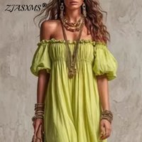 Boho Off Shoulder Puff Sleeve Maxi Dress Woman Elegant Solid High Waist Pleated Long Dresses Spring Summer Loose Fit Party Dress