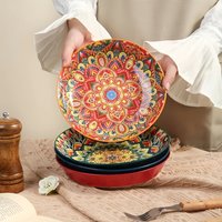 Bohemian Mandala Ceramic Plates 4Pcs 8Inch Deep Dinner Plates Microwave Dishwasher Safe Colorful for Kitchen Dining Gift