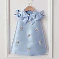 Princess Satin Scoop Pearls Bow Flower Girl Dress Children First Communion Dress Ball Gown Wedding Party Dress Birthday Show