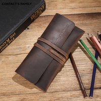 Handmade Crazy Horse Leather Roll Up Pencil Case Bag With Rope Wrap Retro Pen Pencil Holder Storage Pouch School Stationery