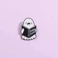 Funny Ghost Reading "Human Stories" Enamel Pin Brooch Lapel Badge for Book Lovers & Spooky Fans Backpack Accessories