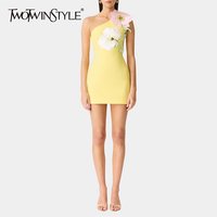 TWOTWINSTYLE Solid Slimming Spliced Appliques Mini Dresses for Women Diagonal Collar Sleeveless Sweet Dress Female Spring New