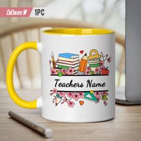 Custom 11oz Ceramic Coffee Mug with Name Personalized Teacher Themed Tea Cup Featuring Books Pencils and Floral Design