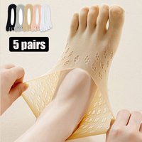 5 Pairs Women's Five-Toe Boat Socks Summer Thin Mesh Breathable Sweat-Absorbing Easy Invisible Sock Silicone Anti-Slip Short Sox