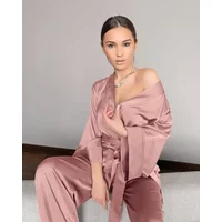 Kimono Style Women 2 Pieces Suit Sleepwear Faux Satin Silk Soft Casual Pajamas Set 2025 Full Sleeve Sleep Robe with Sash Pijama