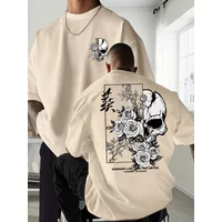 Men's 100% Cotton T-shirt Skull & Roses Kanji Graphic Tee Casual Outdoor Daily Streetwear Short Sleeve Dark Tops