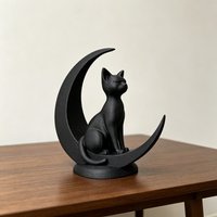 3D Printed Matte Black Cat On Crescent Moon Figurine Mini Witch Cat Statue Home Desk Shelf Tabletop Decor Ornament Supply