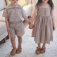 Summer Children's New College Plaid Girls Suspender Long Dress Boys and Girls Sailor Collar Short Sleeve Shorts Set
