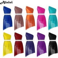 Kids Girl Lyrical Dance Performance Outfit Shiny Rhinestone Crop Top with Leotard Skirt for Figure Skating Gymnastics Acrobatics
