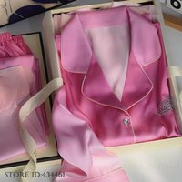 Spring Summer Female Pajama Pijamas Suit Pink Gradient Sleepwear Loungewear Sweet Ruffled Trouser Suits Homewear Satin Nightwear