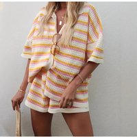 Casual Street Commuting Loose Single Breasted Mixed Color Striped Knitted Lapel Women's Short Sleeved Shorts Set Clothing