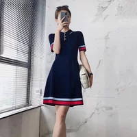 Polo Collar Knit Dresses For Women Summer Short Sleeve Slim Elegant Party Dress Casual Chic Korean Stripe Vestido Feminino New
